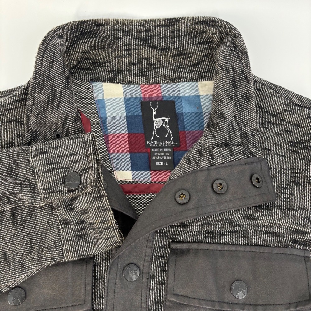 Kane & Unke Mens Lg Grey Space Dye Button Front Utility Jacket Plaid Accent